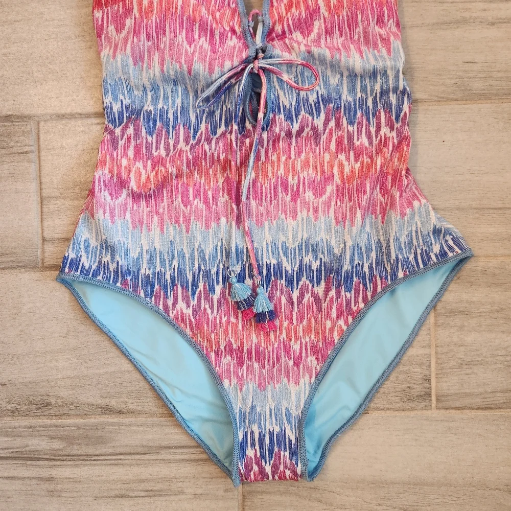 Becca swimsuit L blue pink glitter one piece Joshua Tree plunge deepV new $160
